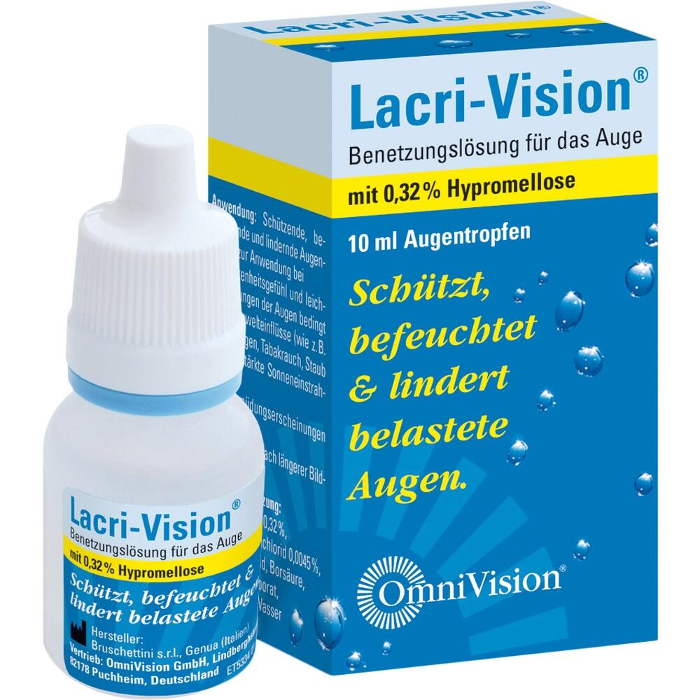 Eine Packung und Flasche Augentropfen namens Lacri-Vision zur Augenbefeuchtung.