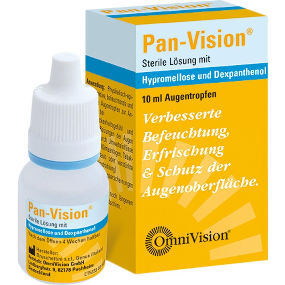 Augentropfen-Flasche und gelbe Verpackung mit der Aufschrift "Pan-Vision".