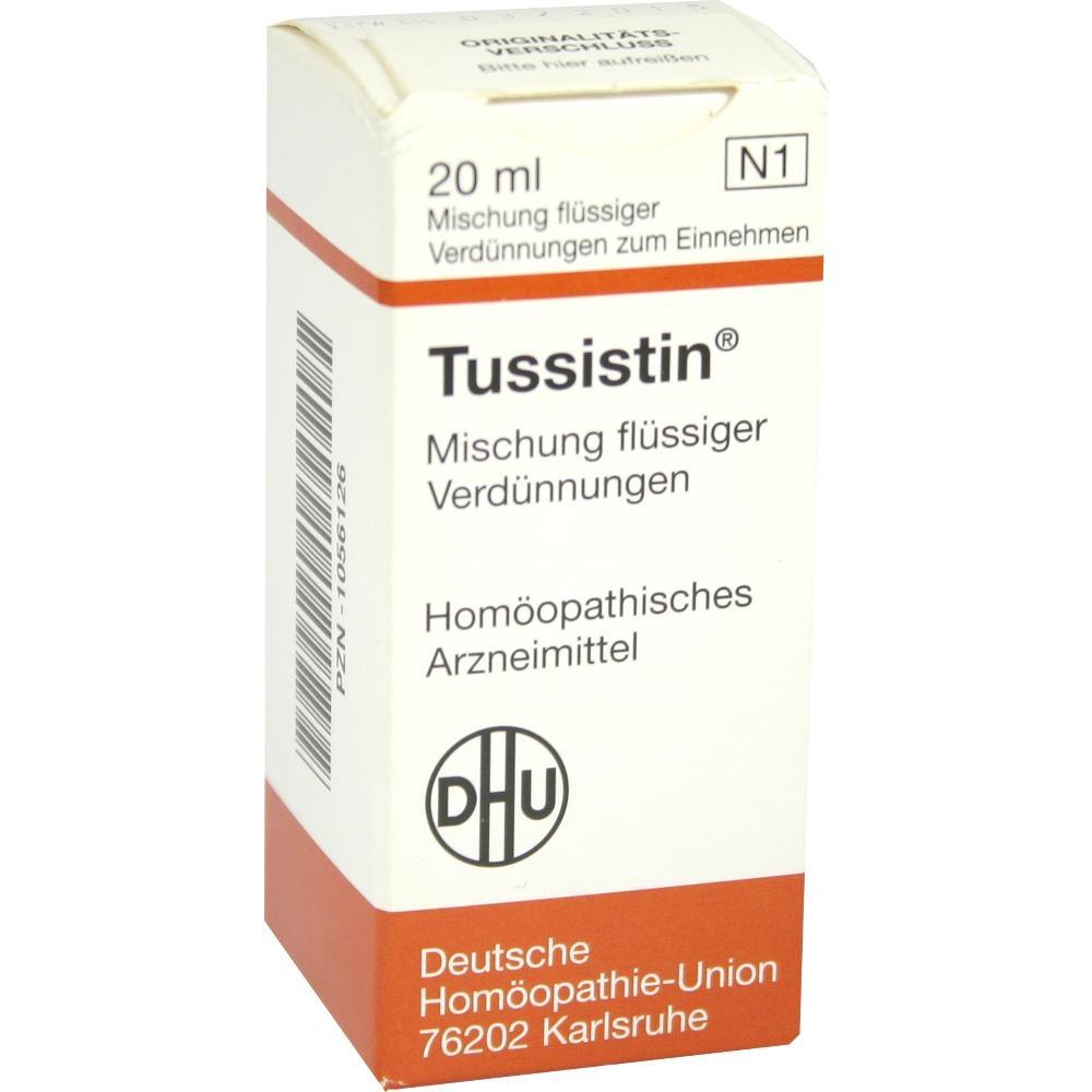 Weiße Schachtel mit der Aufschrift "Tussistin", ein homöopathisches Arzneimittel.