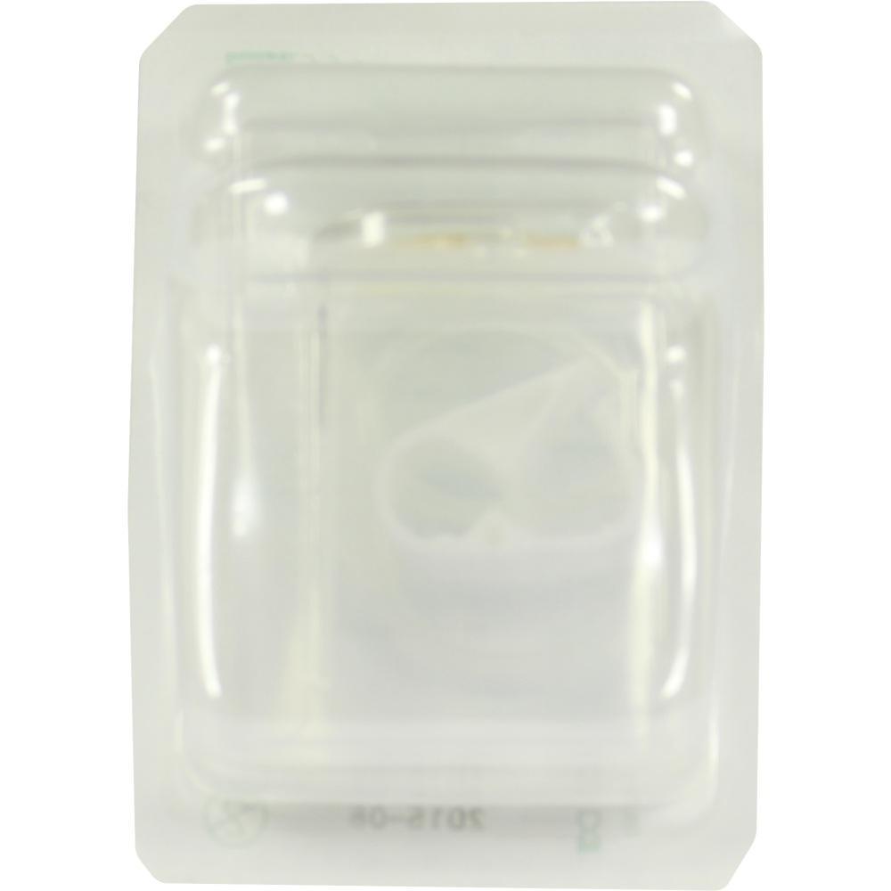 Eine durchsichtige Plastikverpackung mit einem kleinen Gegenstand darin.