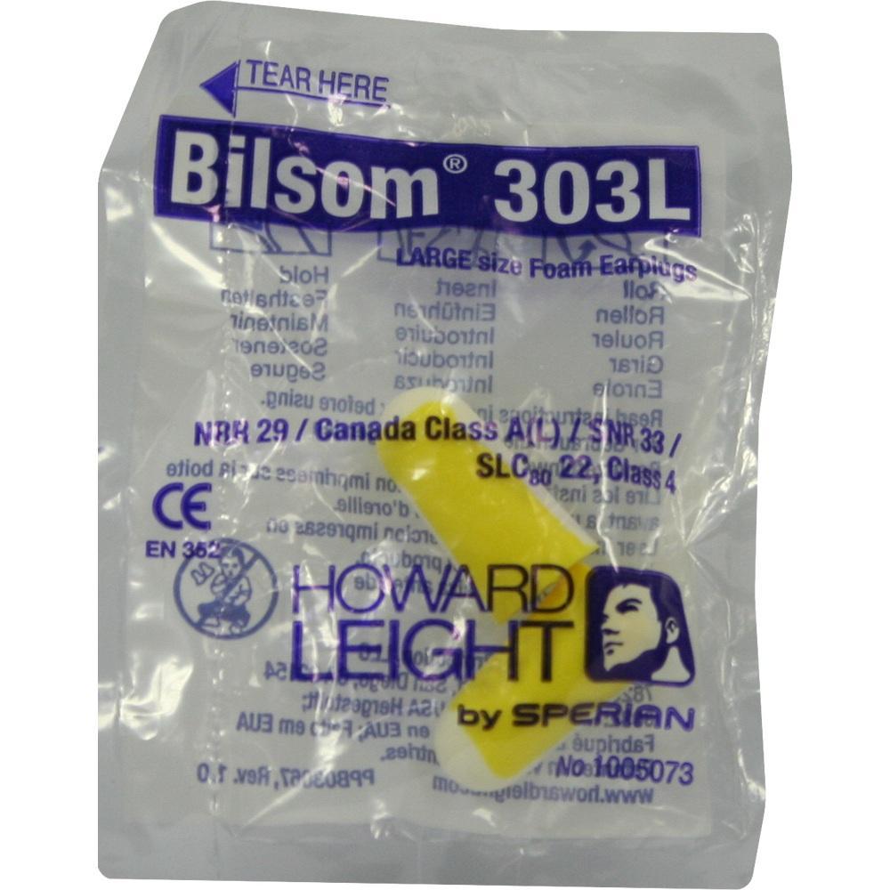 Gelbe Ohrstöpsel in einer durchsichtigen Verpackung mit blauer Aufschrift.