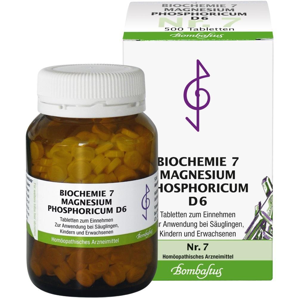 Braunes Fläschchen mit Tabletten und eine weiße Verpackung mit Aufschrift "Biochemie 7".