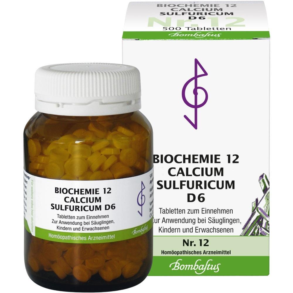 Braunes Glas mit weißen Tabletten und Verpackung mit Aufschrift "Calcium Sulfuricum D6".