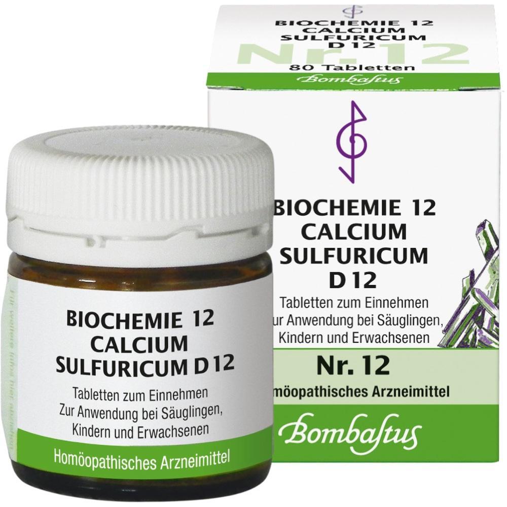 Braunes Gläschen mit einer weißen Kappe und Karton, beschriftet mit "Biochemie 12 Calcium Sulfuricum".