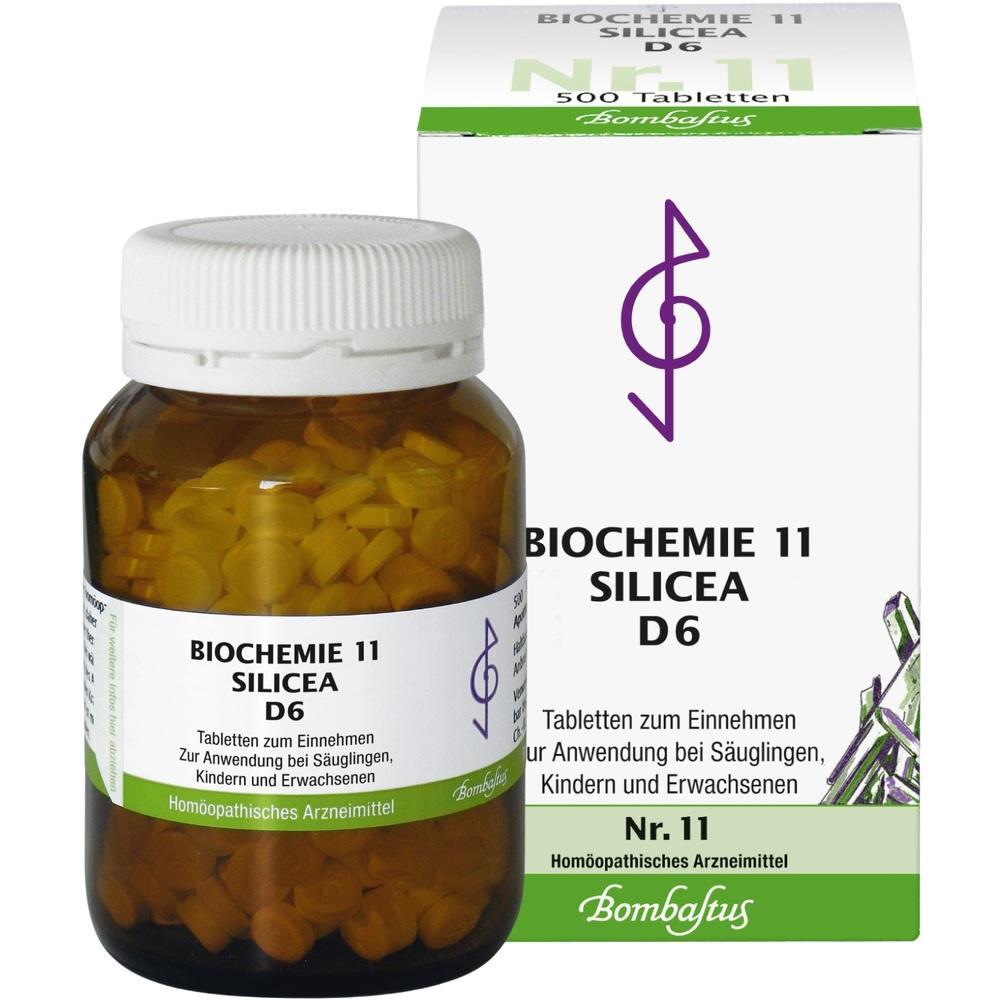 B braunes Glas mit Tabletten und weiße Schachtel mit Aufschrift "Biochemie 11 Silicea D6".