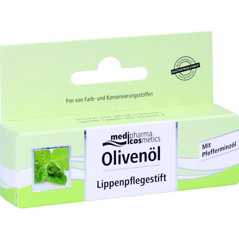 Grüne Verpackung eines Lippenpflegestifts mit Olivenöl und Pfefferminzöl.