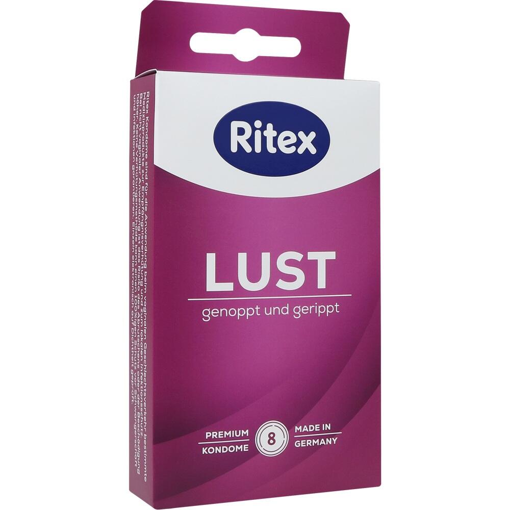 Eine violette Packung Kondome der Marke Ritex mit der Aufschrift "Lust".