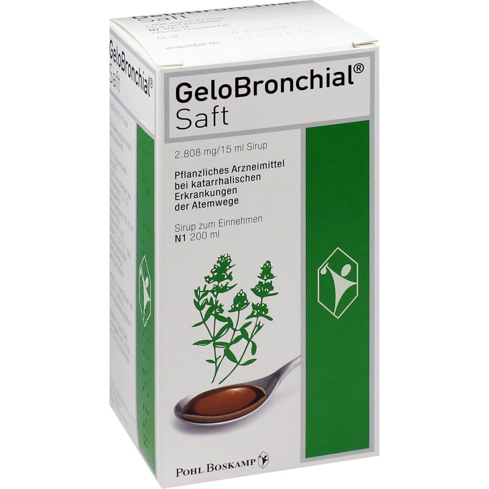 Weiße Verpackung von GeloBronchial Saft mit grünem Pflanzenbild und Produktinformationen.