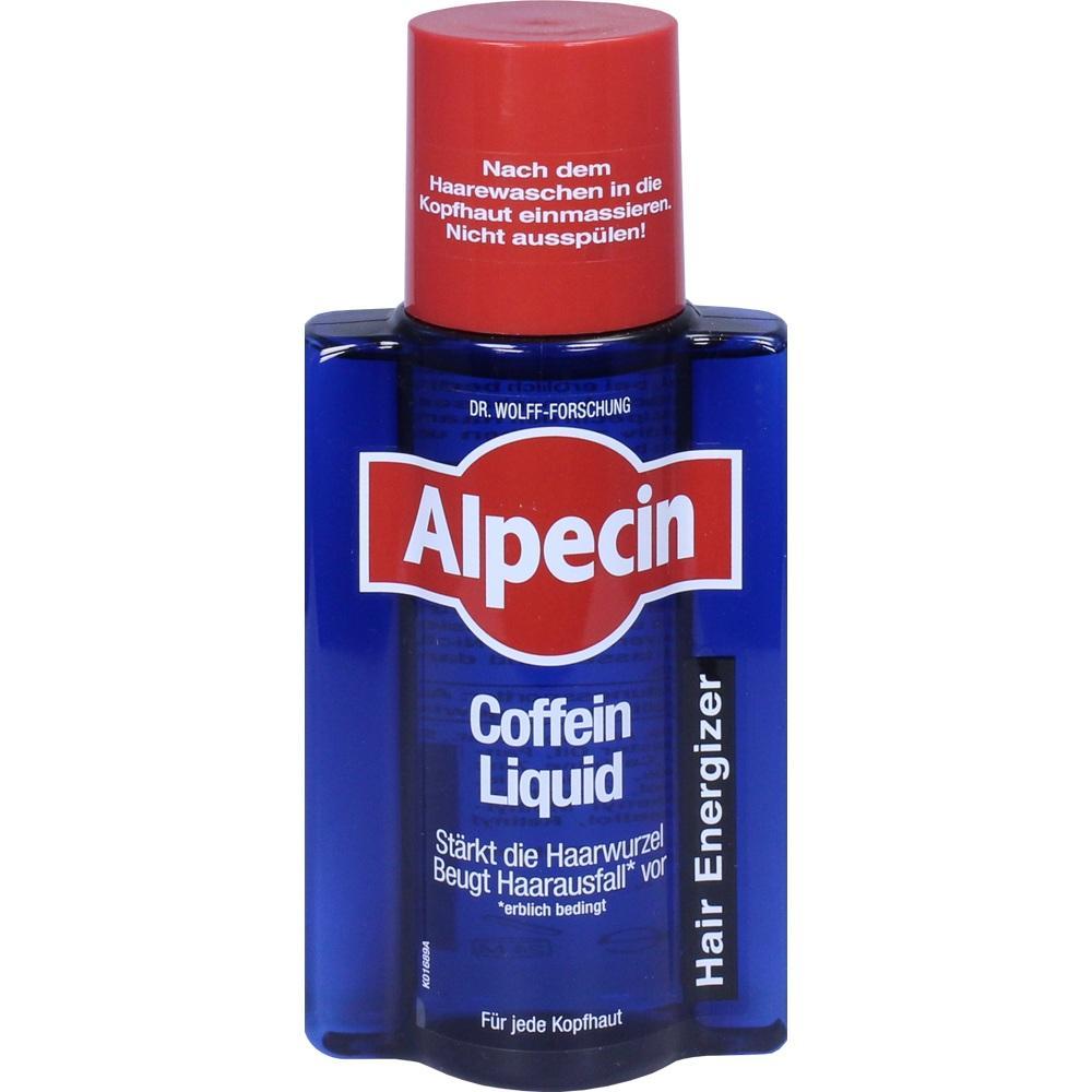 Blaues Fläschchen mit rotem Deckel, darauf steht "Alpecin Coffein Liquid".