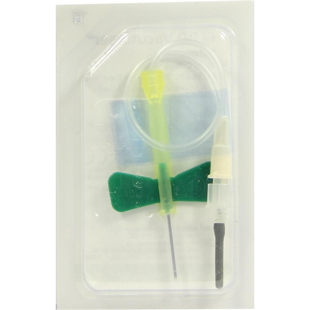 Eine grüne Infusionsnadel mit Schlauch in einer Verpackung.
