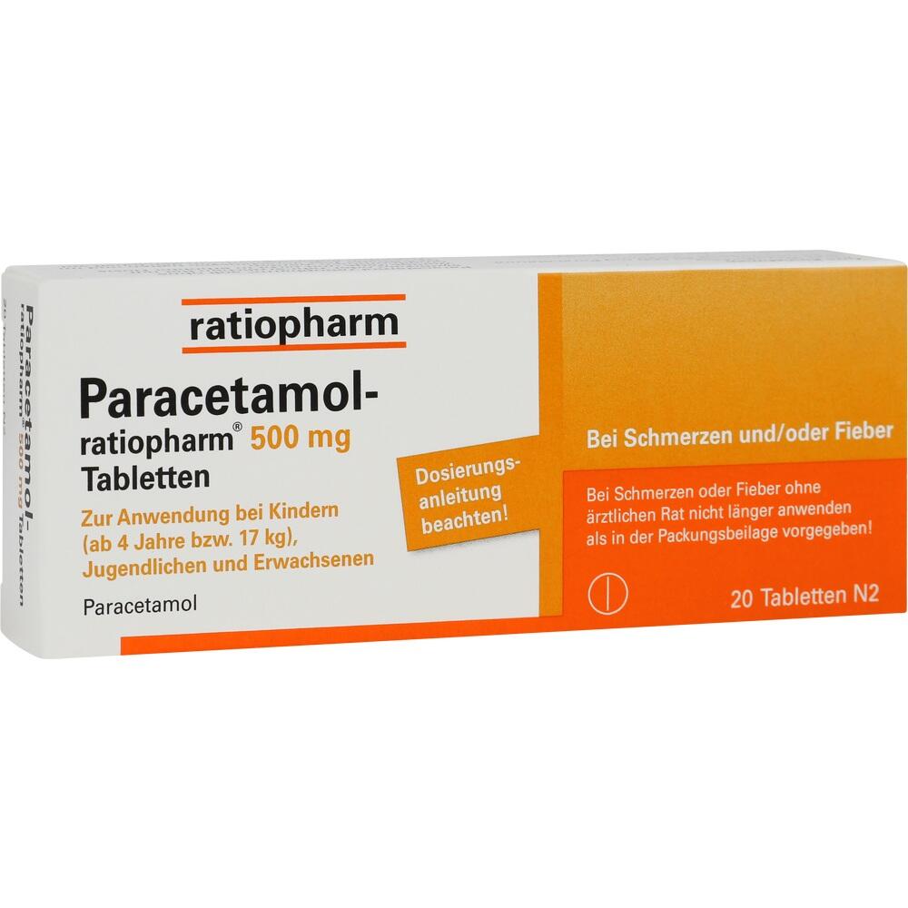 Packung Paracetamol-Tabletten für Fieber und Schmerzen, 500 mg, 20 Stück.