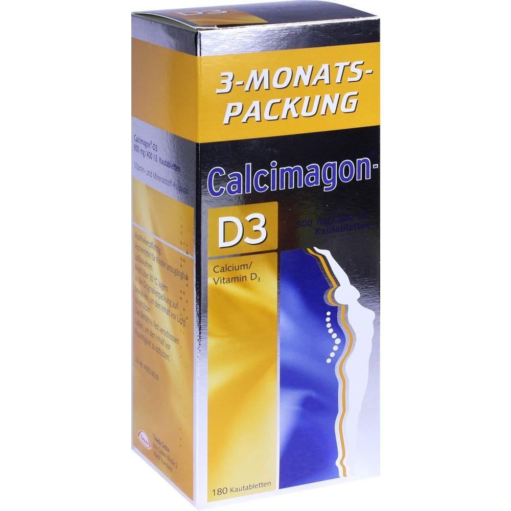 Eine gelb-blaue Packung mit Kautabletten für Calcium und Vitamin D3.