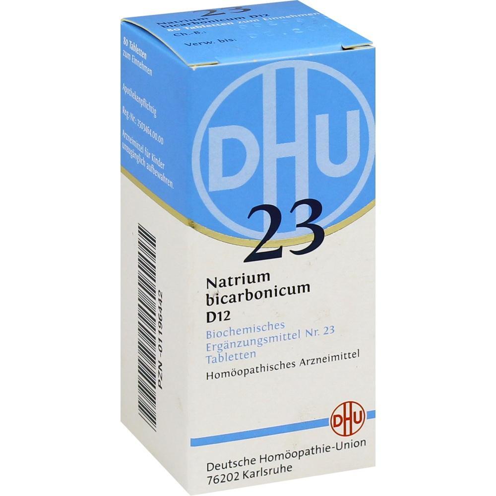 Eine Arzneimittelverpackung der Marke DHU für Natrium bicarbonicum D12 Tabletten.