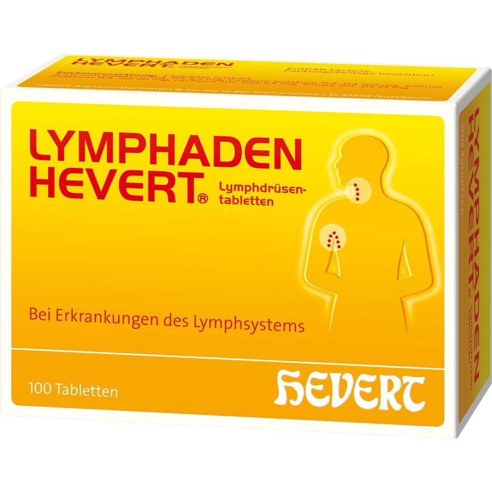 Gelbe Medikamentenverpackung von Lymphaden Hevert, 100 Tabletten, für das Lymphsystem.