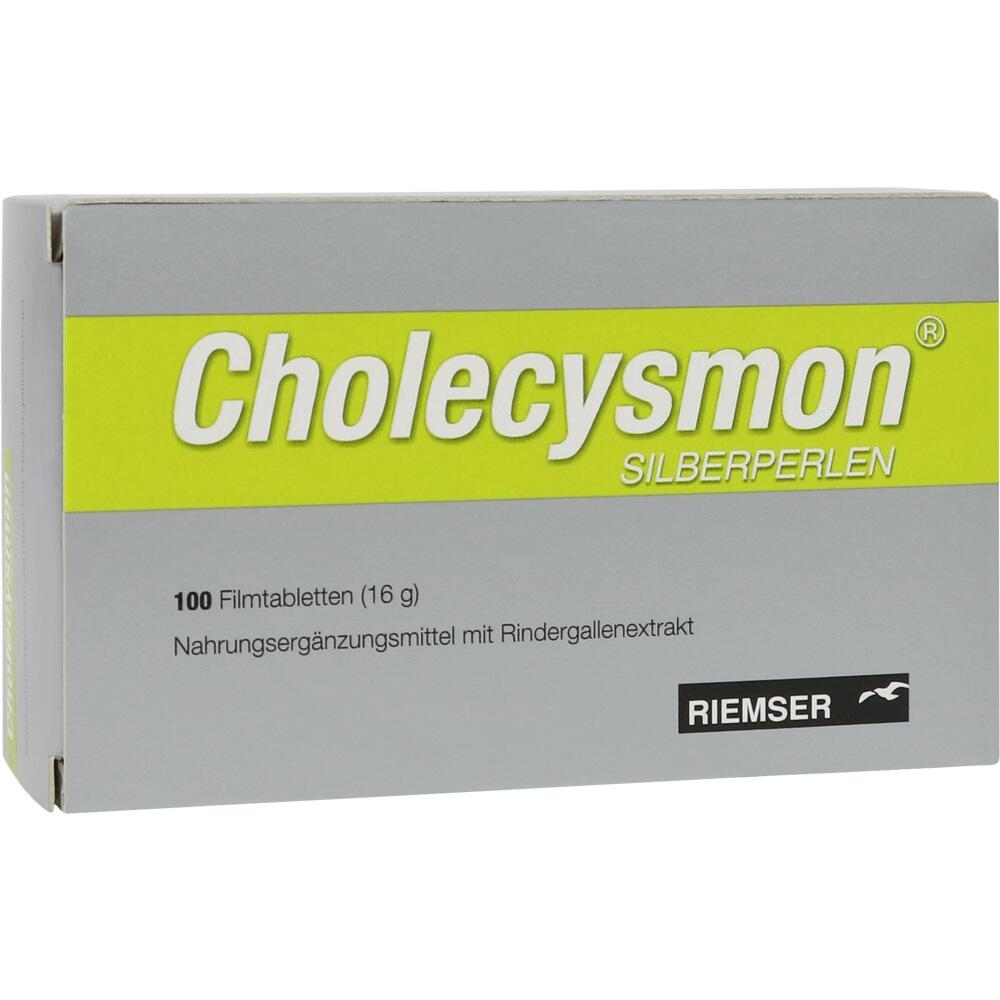 Eine graue und gelbe Packung Cholecysmon-Tabletten.