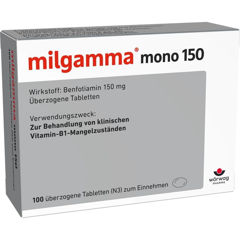 Weiße Medikamentenschachtel mit der Aufschrift "milgamma mono 150".