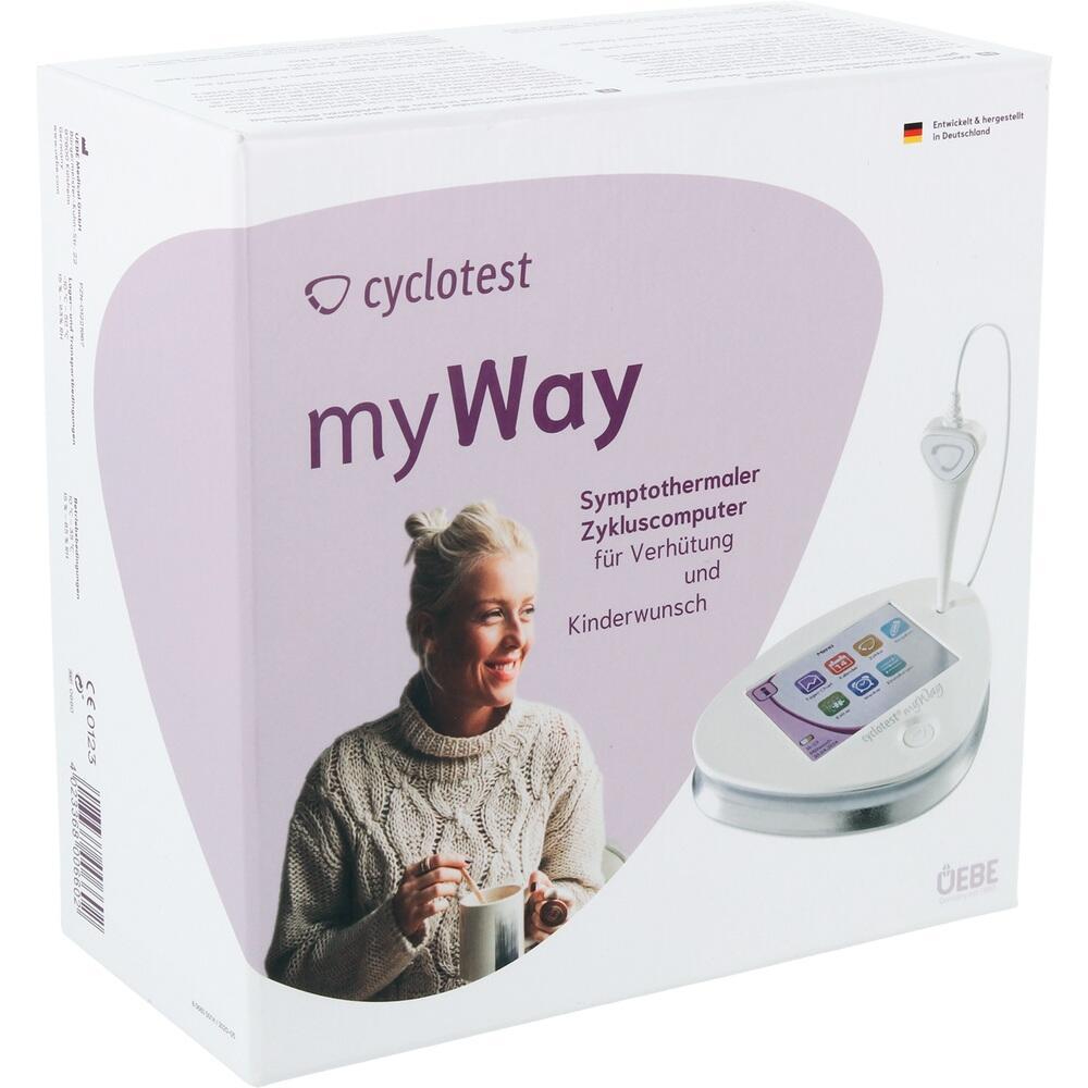 Eine Frau hält eine Tasse, daneben ein Zykluscomputer für Verhütung und Kinderwunsch.