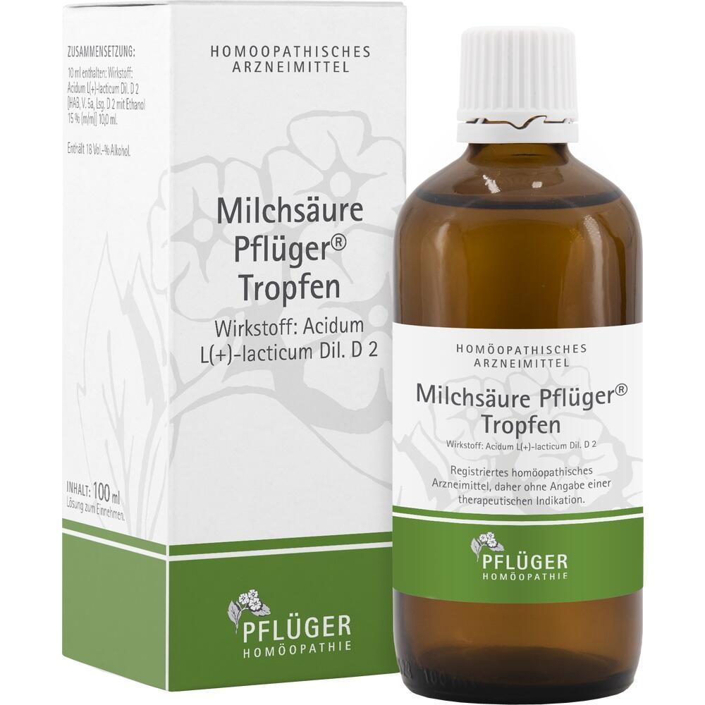 Braune Flasche mit Karton, enth&auml;lt hom&ouml;opathische Milchs&auml;ure-Tropfen von Pfl&uuml;ger.