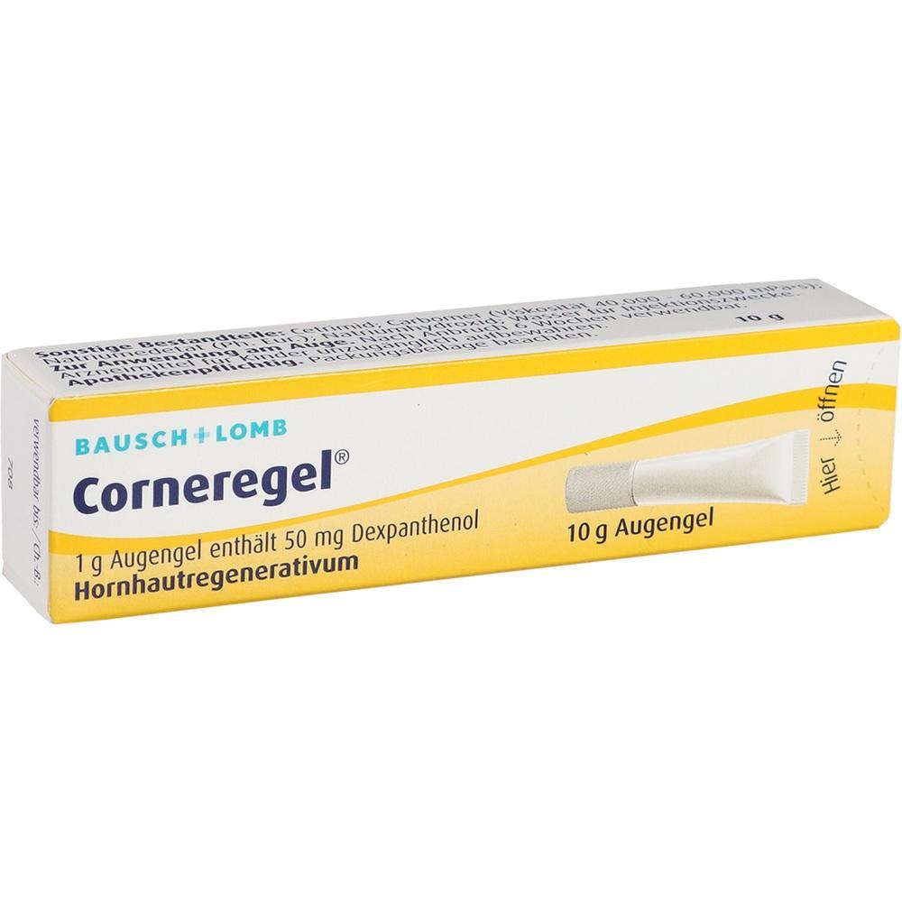 Gelbe und wei&szlig;e Verpackung von Augengel Cornegel mit Dexpanthenol.