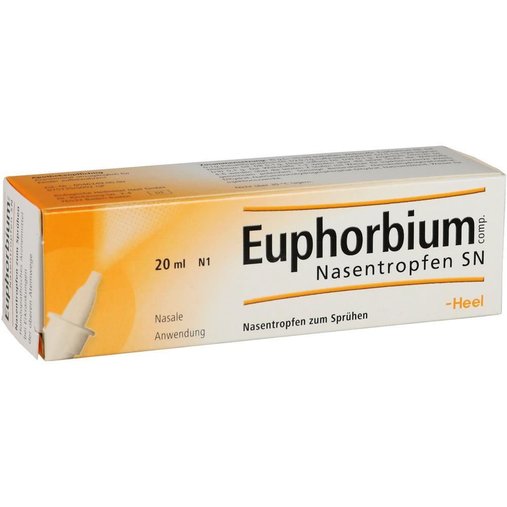 Eine orange-weiße Packung Nasentropfen mit der Aufschrift "Euphorbium".