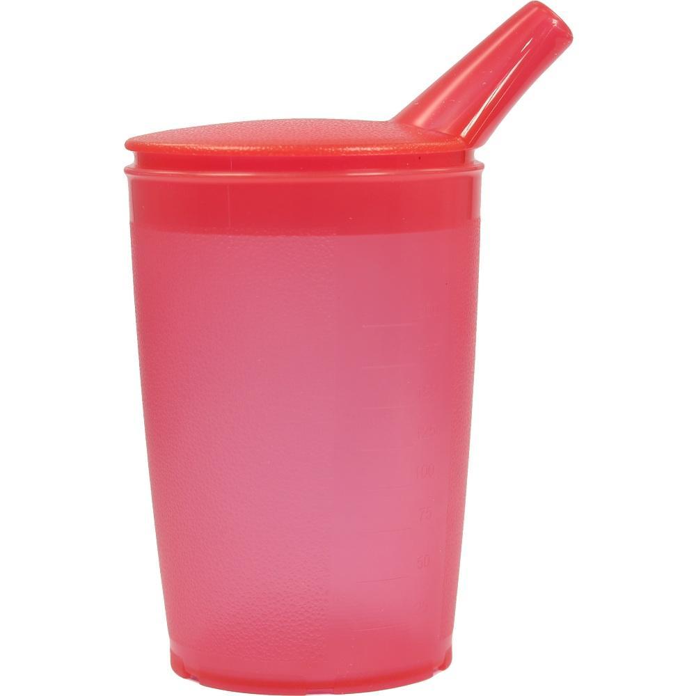 Ein roter Trinkbecher mit Deckel und schrägem Trinkaufsatz.