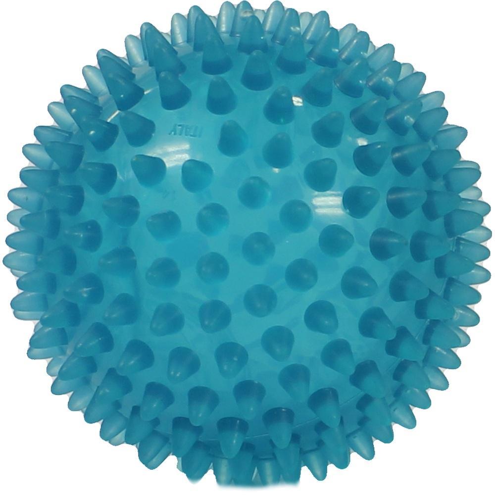 Ein blauer Noppenball aus Plastik mit vielen kleinen Spitzen.
