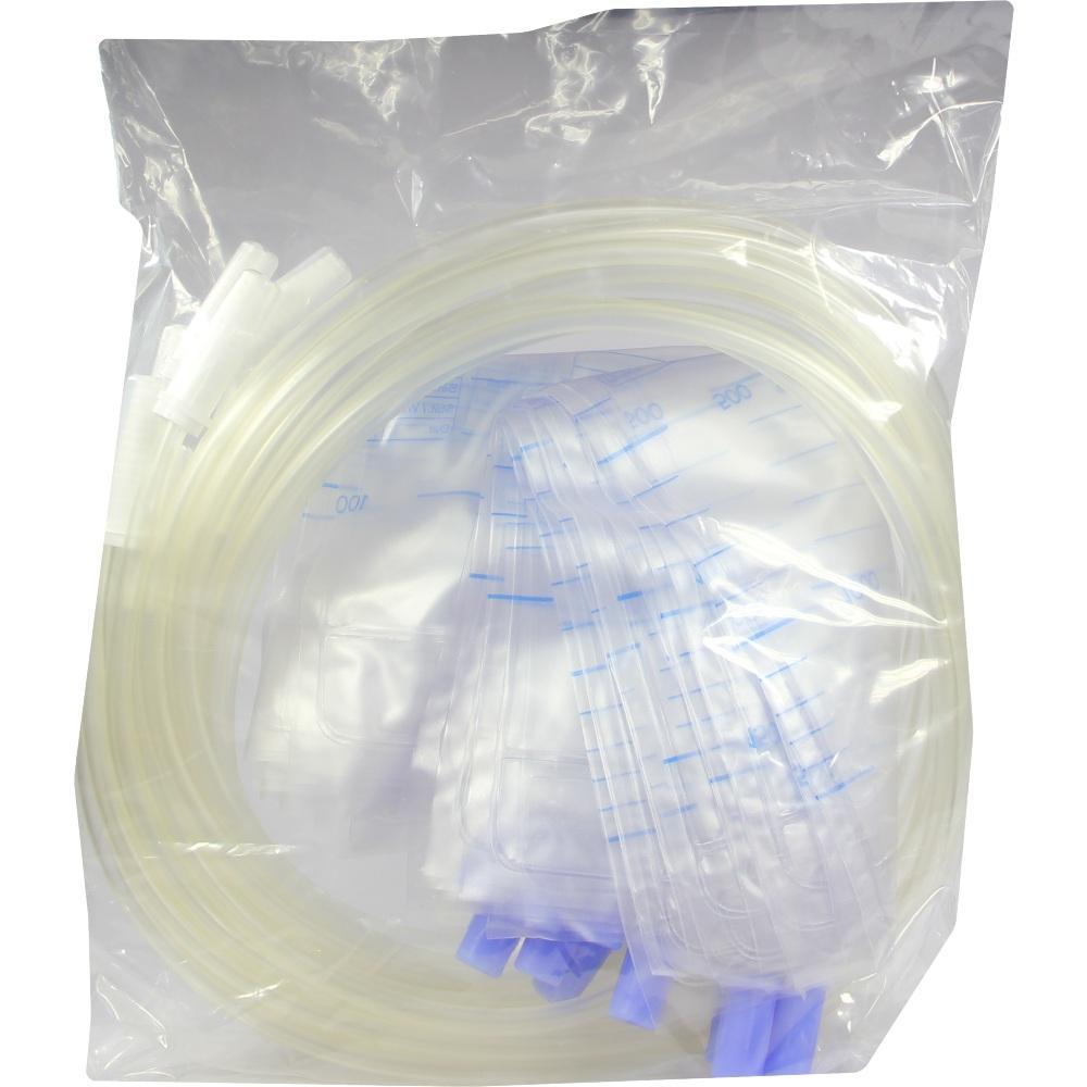 Ein transparentes Plastik-Set mit Schläuchen in einem Beutel.