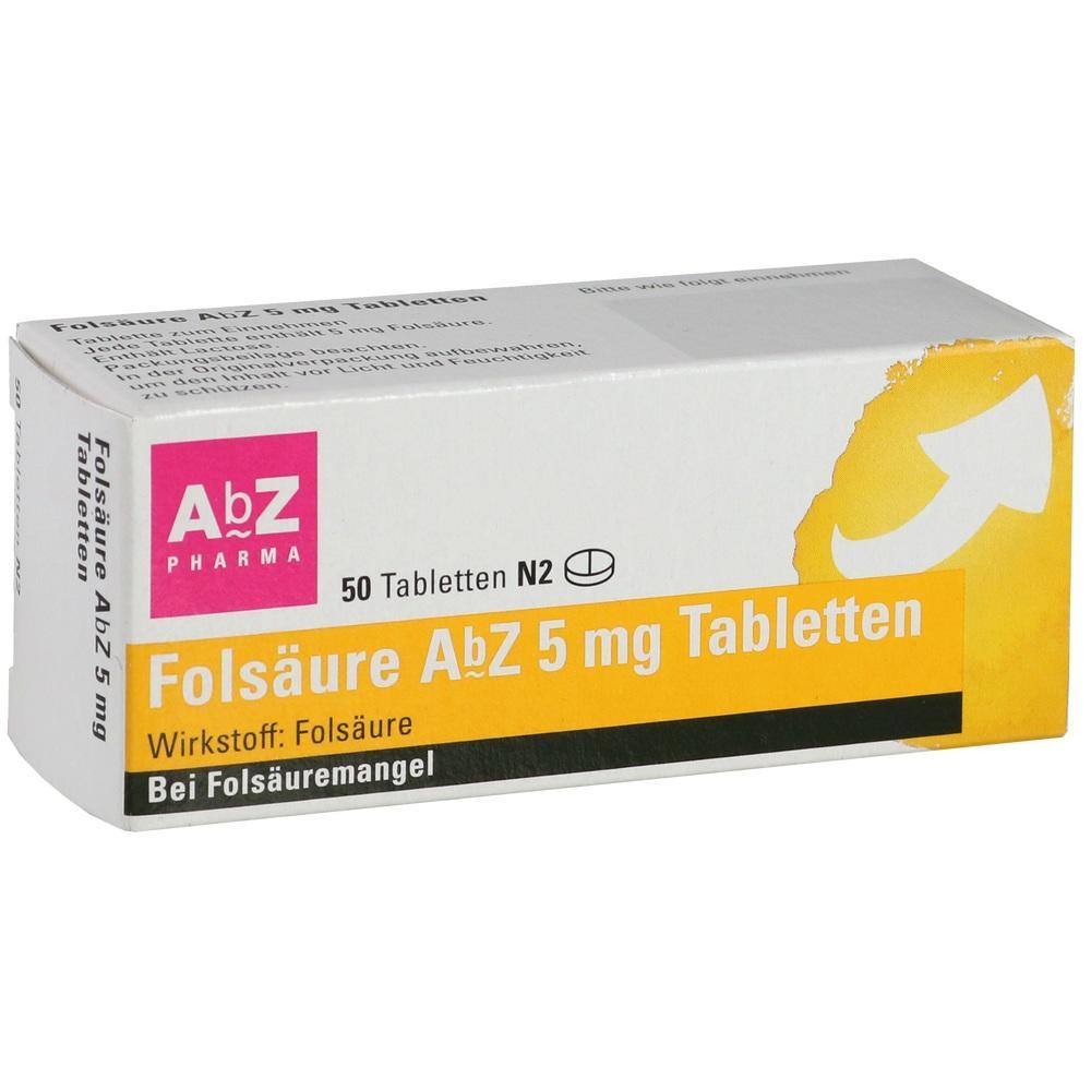 Schachtel mit Folsäure-Tabletten, 5 mg, von AbZ Pharma.