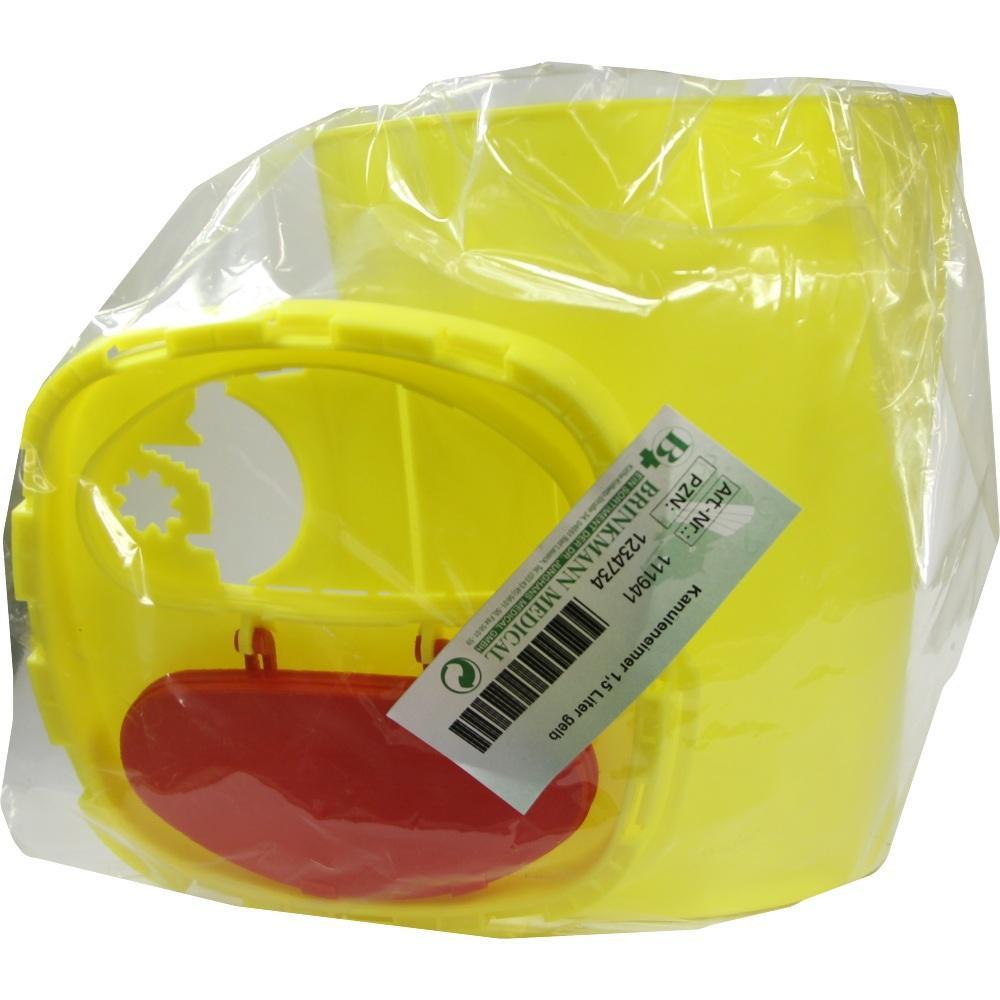 Gelber Plastikbehälter mit rotem Verschluss in einer durchsichtigen Plastikverpackung.