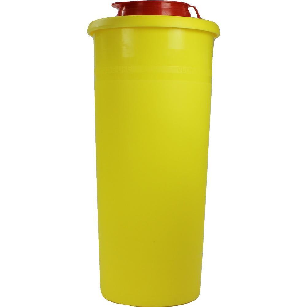 Ein gelber Plastikbecher mit rotem Deckel.