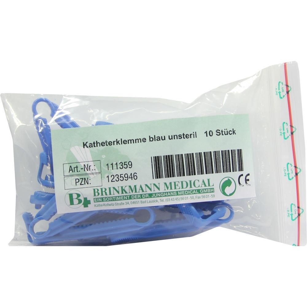 Eine Tüte mit zehn blauen unsterilen Katheterklemmen.