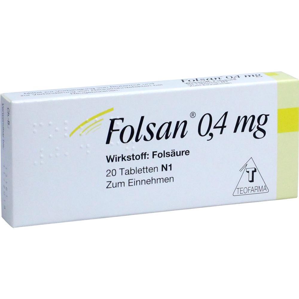 Eine Schachtel mit 20 Tabletten Folsan 0,4 mg Folsäure.