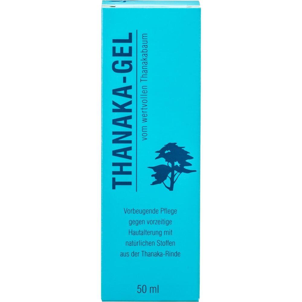 Eine blaue Verpackung mit der Aufschrift "Thanaka-Gel" und einem Baum-Symbol.