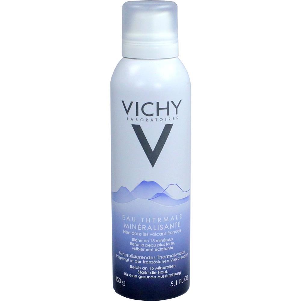 Weiß-blaues Spray-Dosengestell mit der Aufschrift "Vichy" und Bergmotiv.