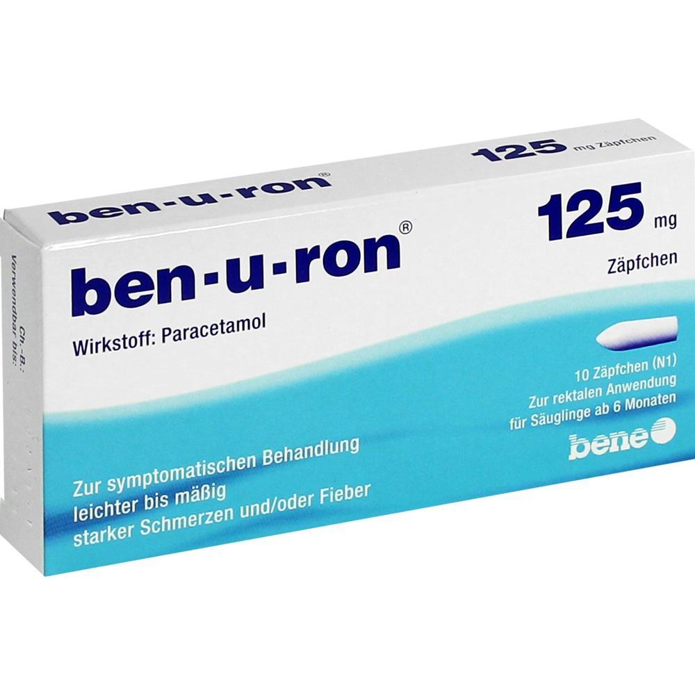 Eine Packung ben-u-ron Zäpfchen mit Paracetamol, 125 mg für Kinder ab 6 Monaten.
