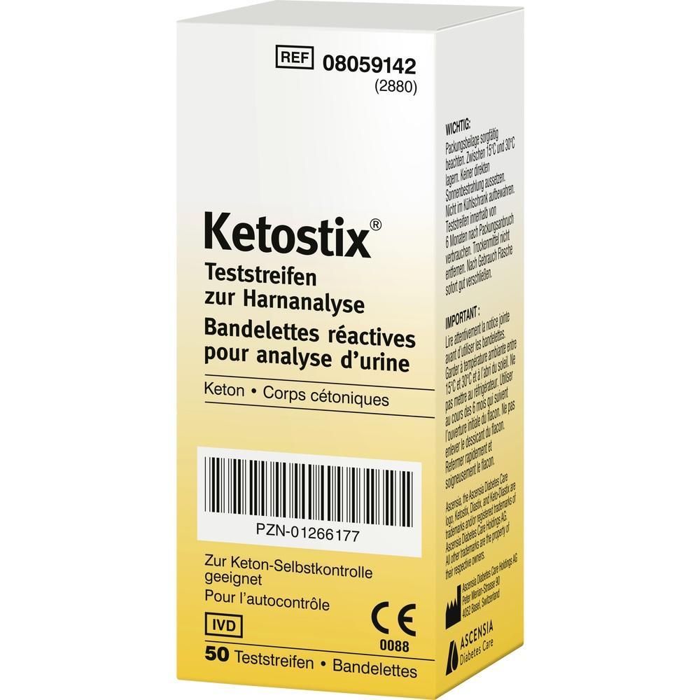 Eine gelbe Schachtel mit Ketostix-Teststreifen zur Urinanalyse.