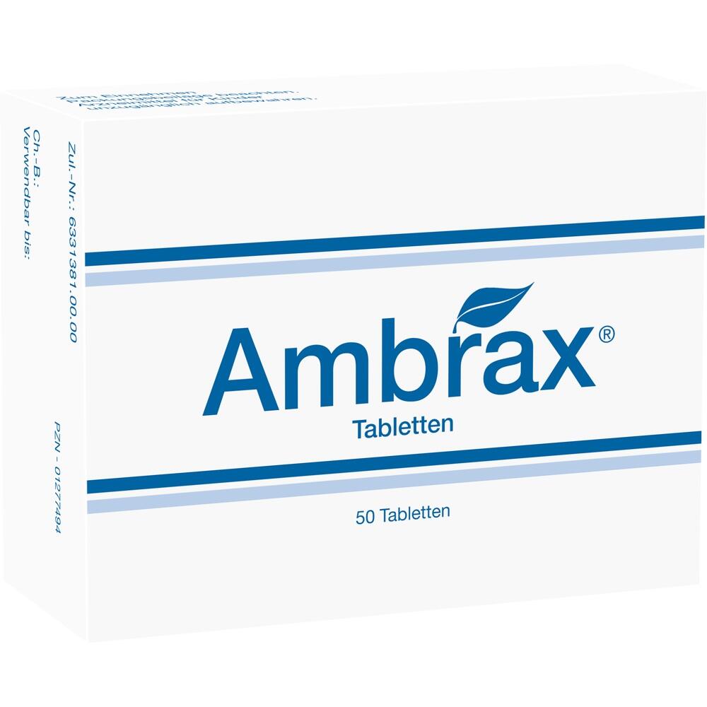 Eine Medikamentenverpackung mit dem Namen "Ambralax" und 50 Tabletten.