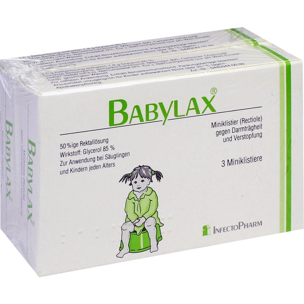 Eine Packung Babylax mit einem Bild eines Kindes auf einem Töpfchen.