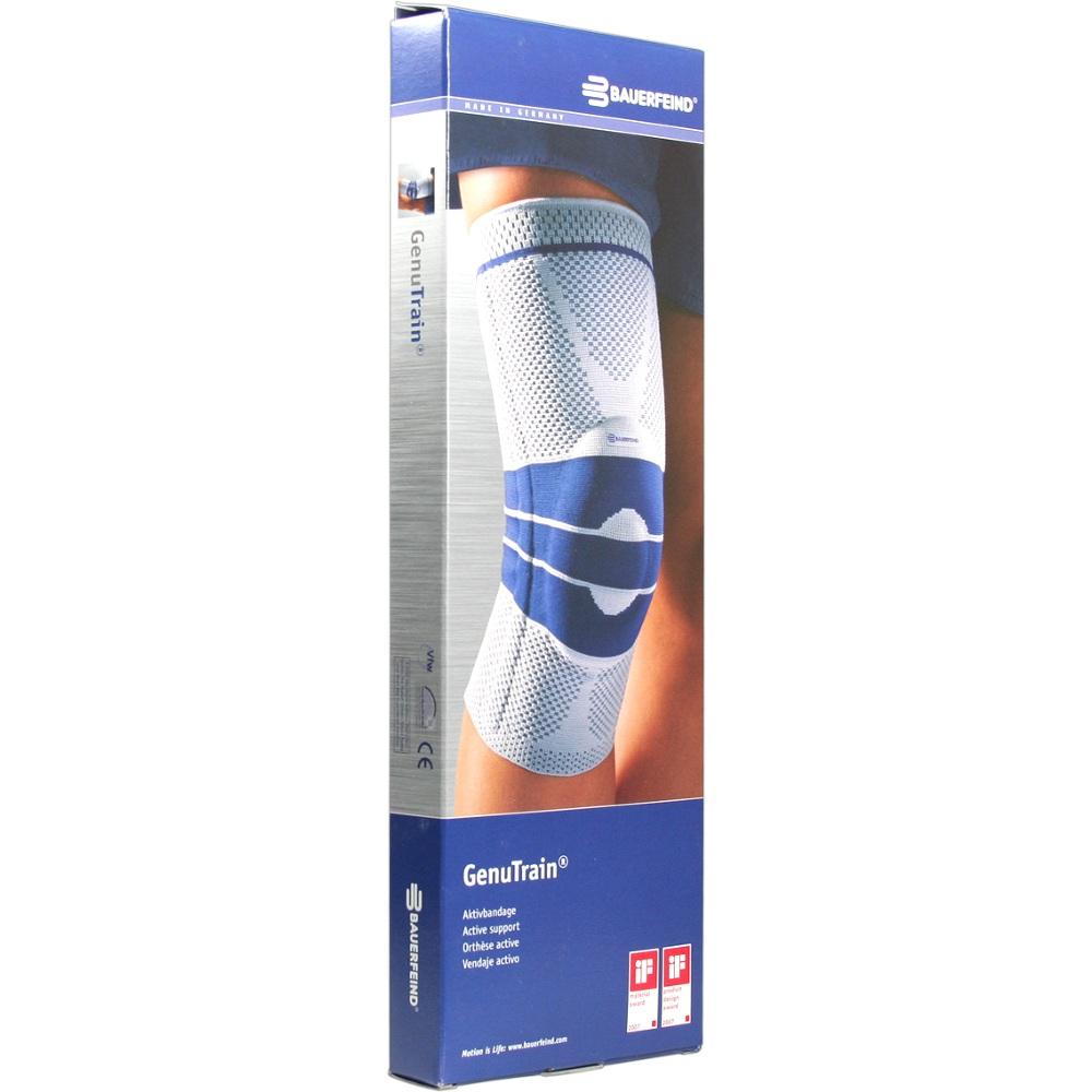 Verpackung einer Kniebandage mit blau-weißem Design.