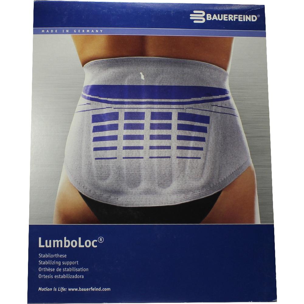 Eine Person trägt eine graue Rückenbandage der Marke Bauerfeind.