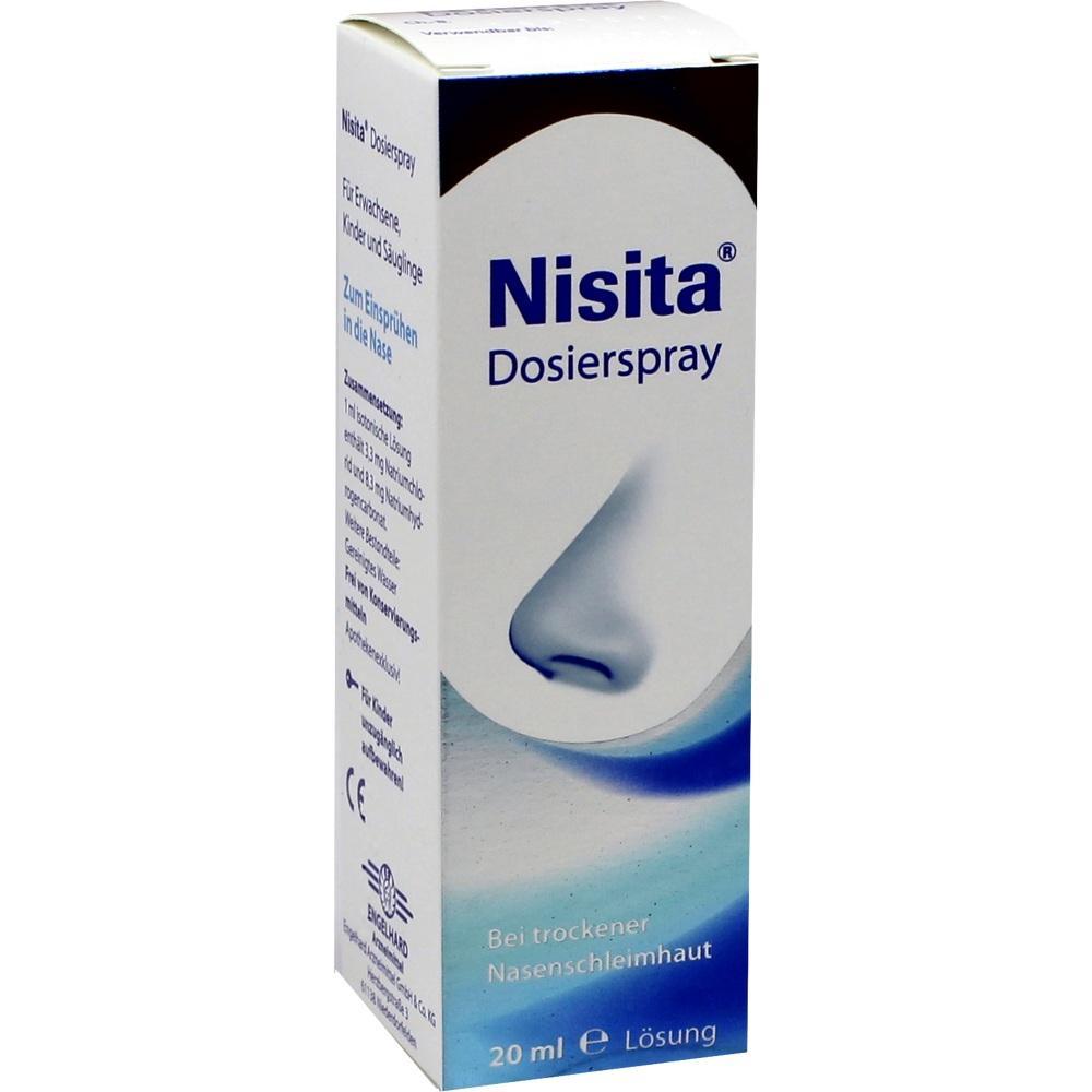Eine wei&szlig;e Spr&uuml;hflasche Nisita Dosierspray f&uuml;r trockene Nasenschleimhaut.