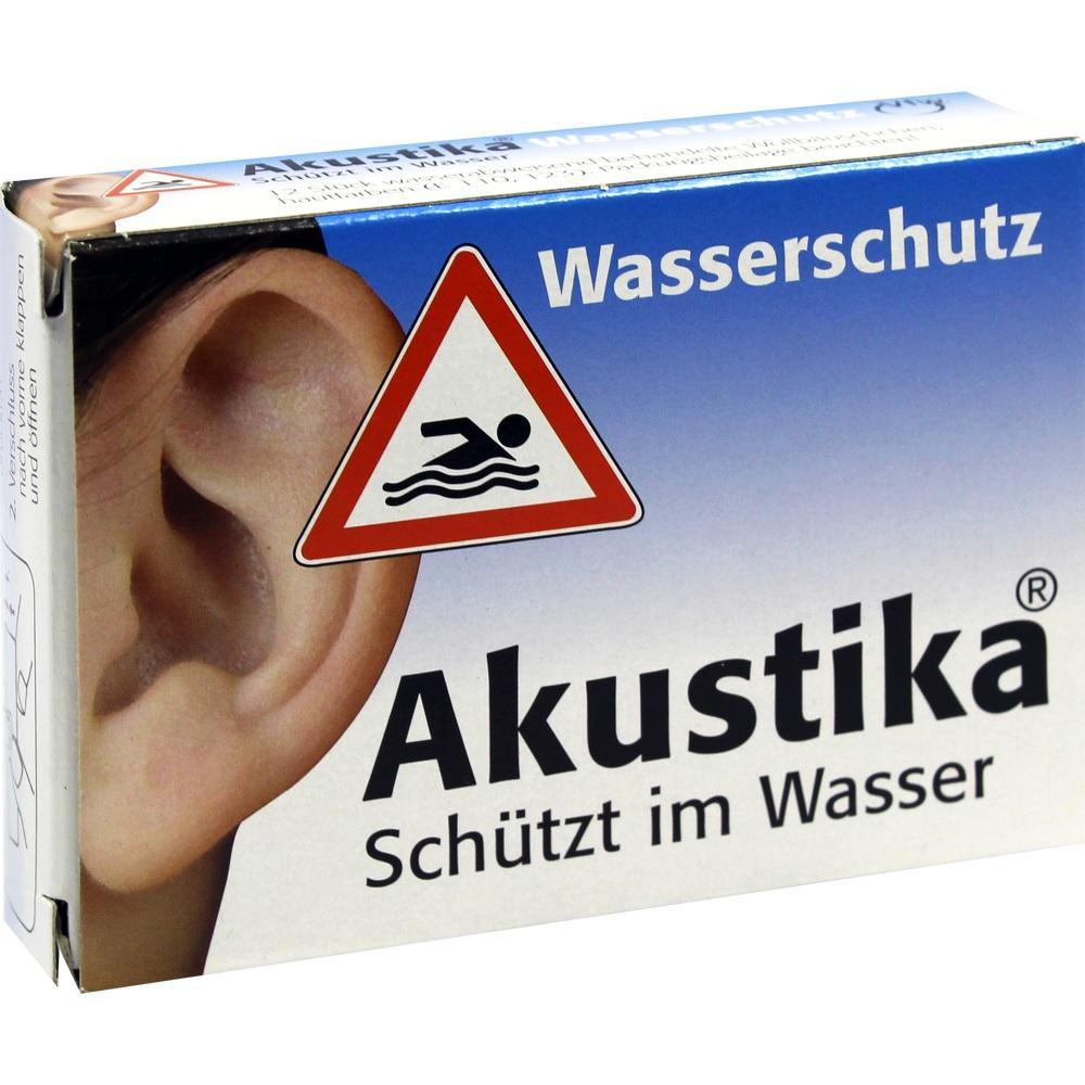 Auf der Verpackung steht "Akustika: Schützt im Wasser" neben einem Ohr.