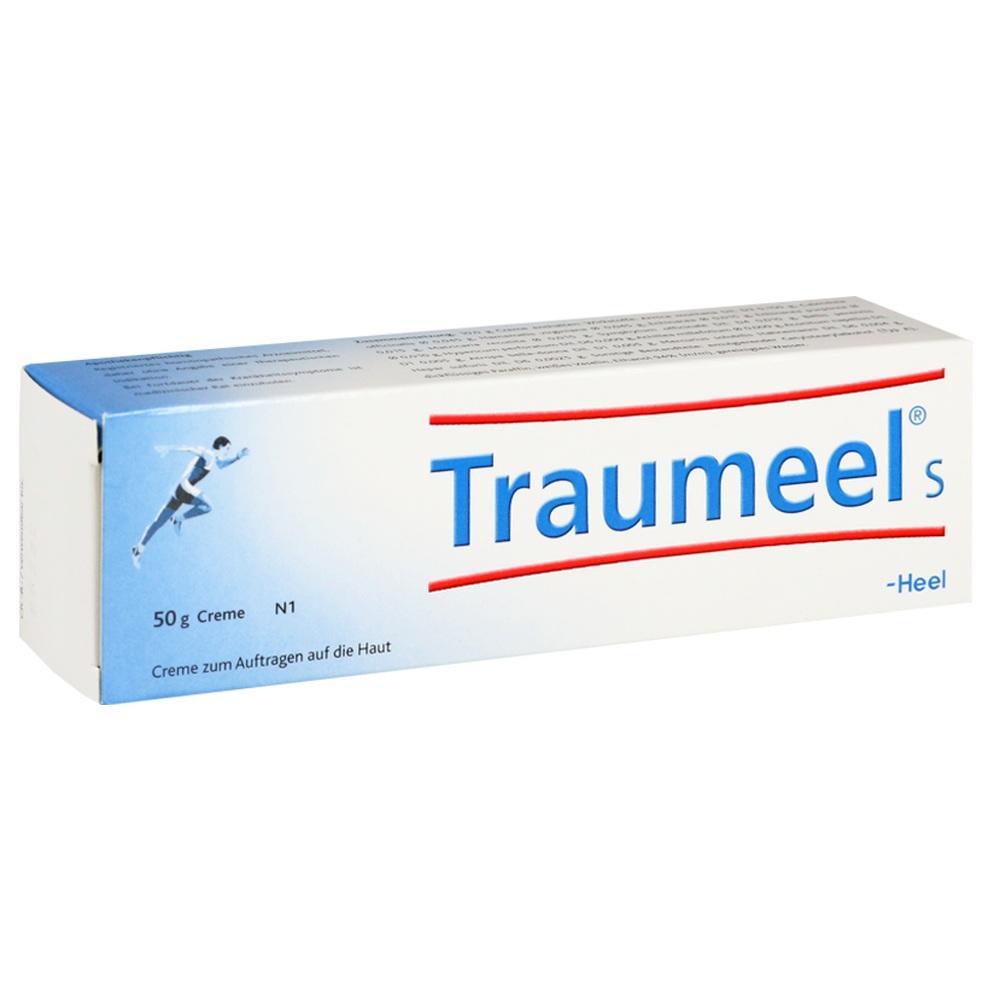 Eine weiße Kartonpackung mit der Aufschrift "Traumeel s" und einem Bild eines Läufers.