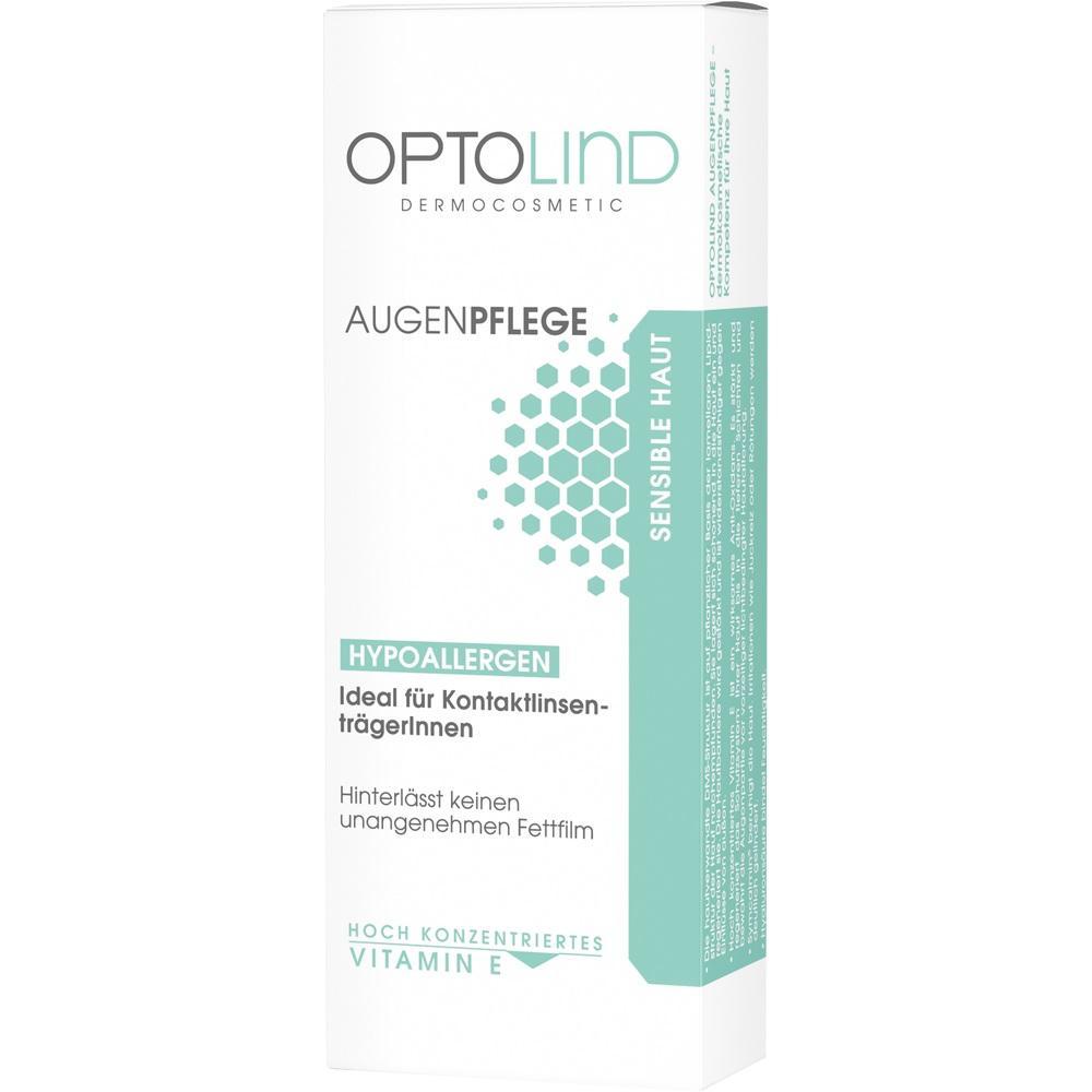 Eine weiße Verpackung für hypoallergene Augenpflege mit türkisen Details.