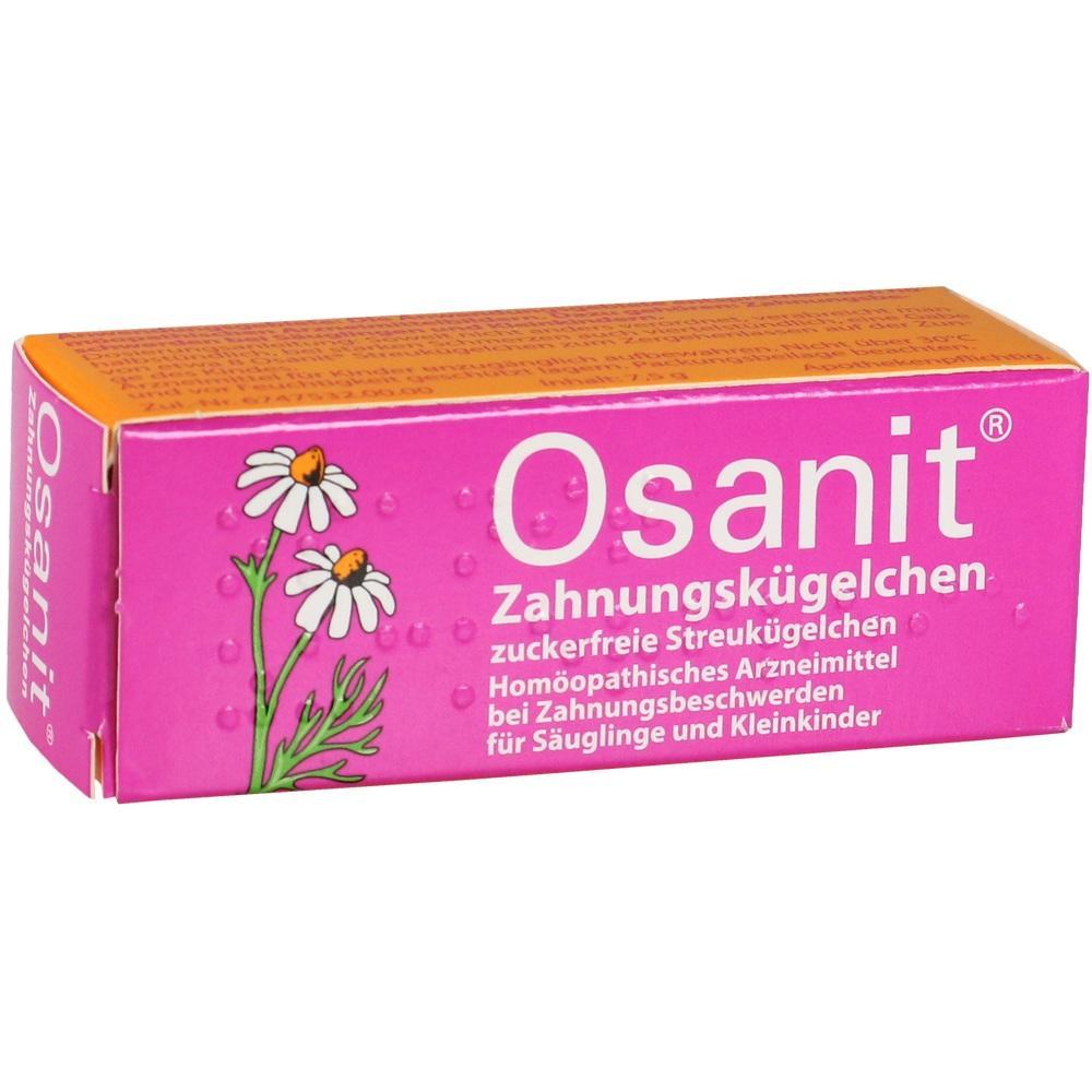 Rosa Packung von Osanit Zahnungskügelchen mit Kamillenblütenbild.