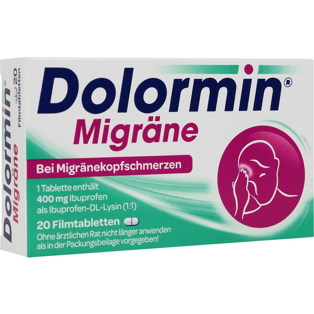 Verpackung von Dolormin Migräne mit 400 mg Ibuprofen, Abbildung eines Kopfschmerz-Symbols.