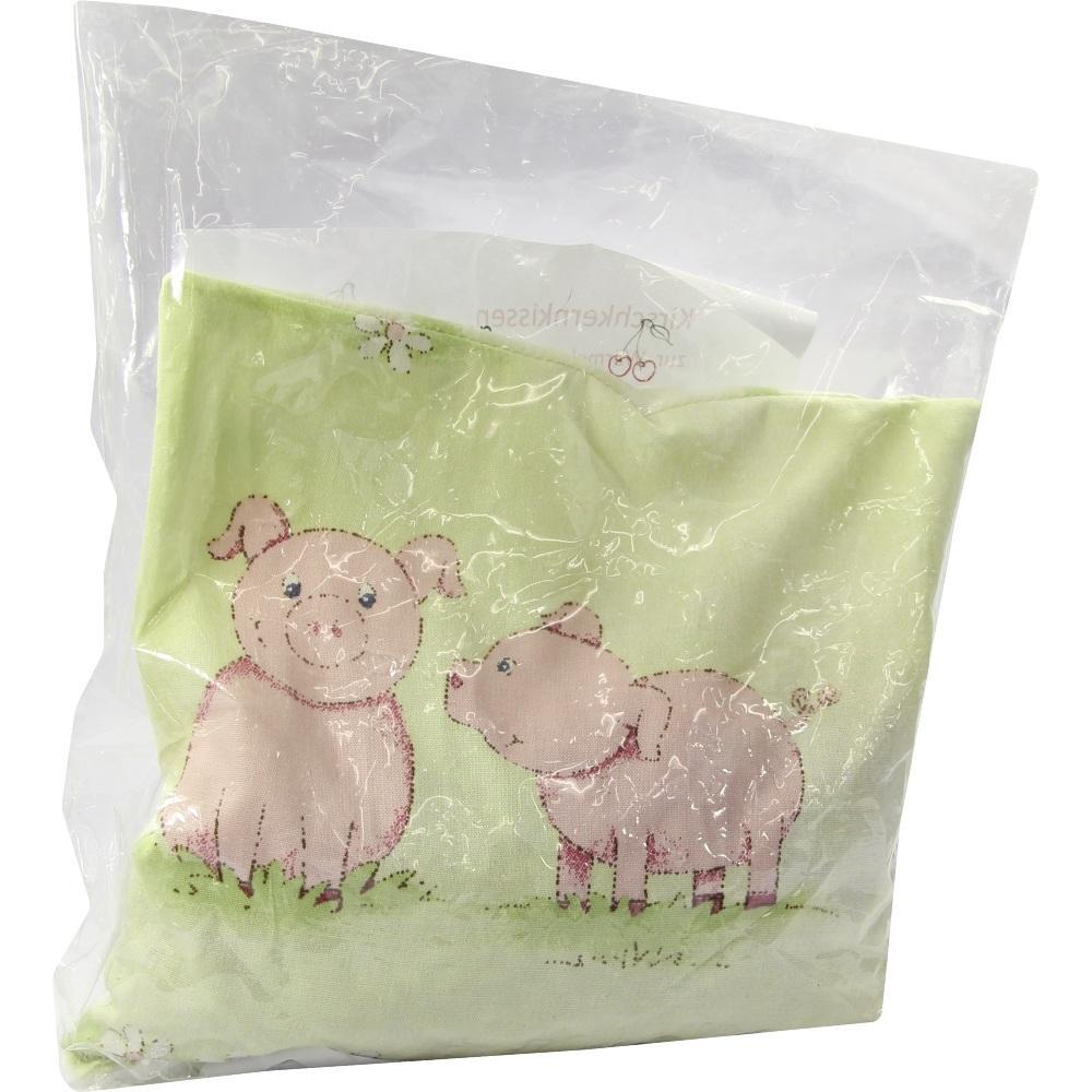 Zwei gemalte Schweinchen auf einem grünen Stoff im Plastikbeutel.