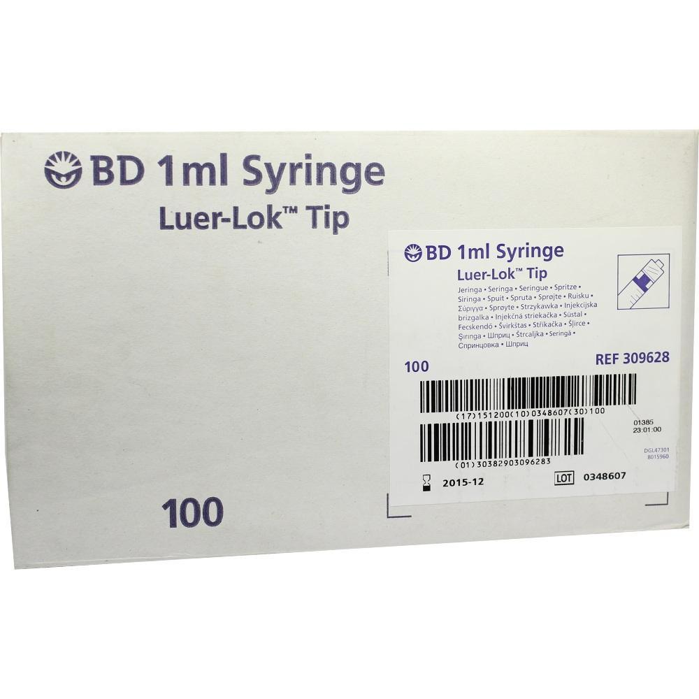Eine Verpackung mit 100 Spritzen der Marke BD, 1 ml Luer-Lok™ Tip.