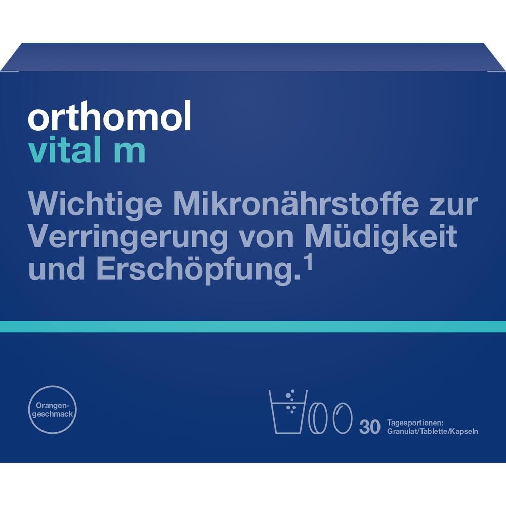 Eine blaue Packung mit Mikronährstoffen gegen Müdigkeit im Orangengeschmack.