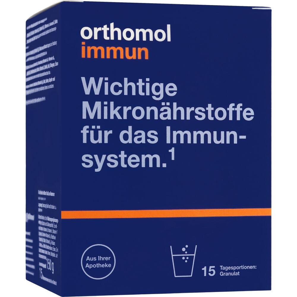 Blaue Box mit der Aufschrift „Orthomol Immun“ für das Immunsystem.